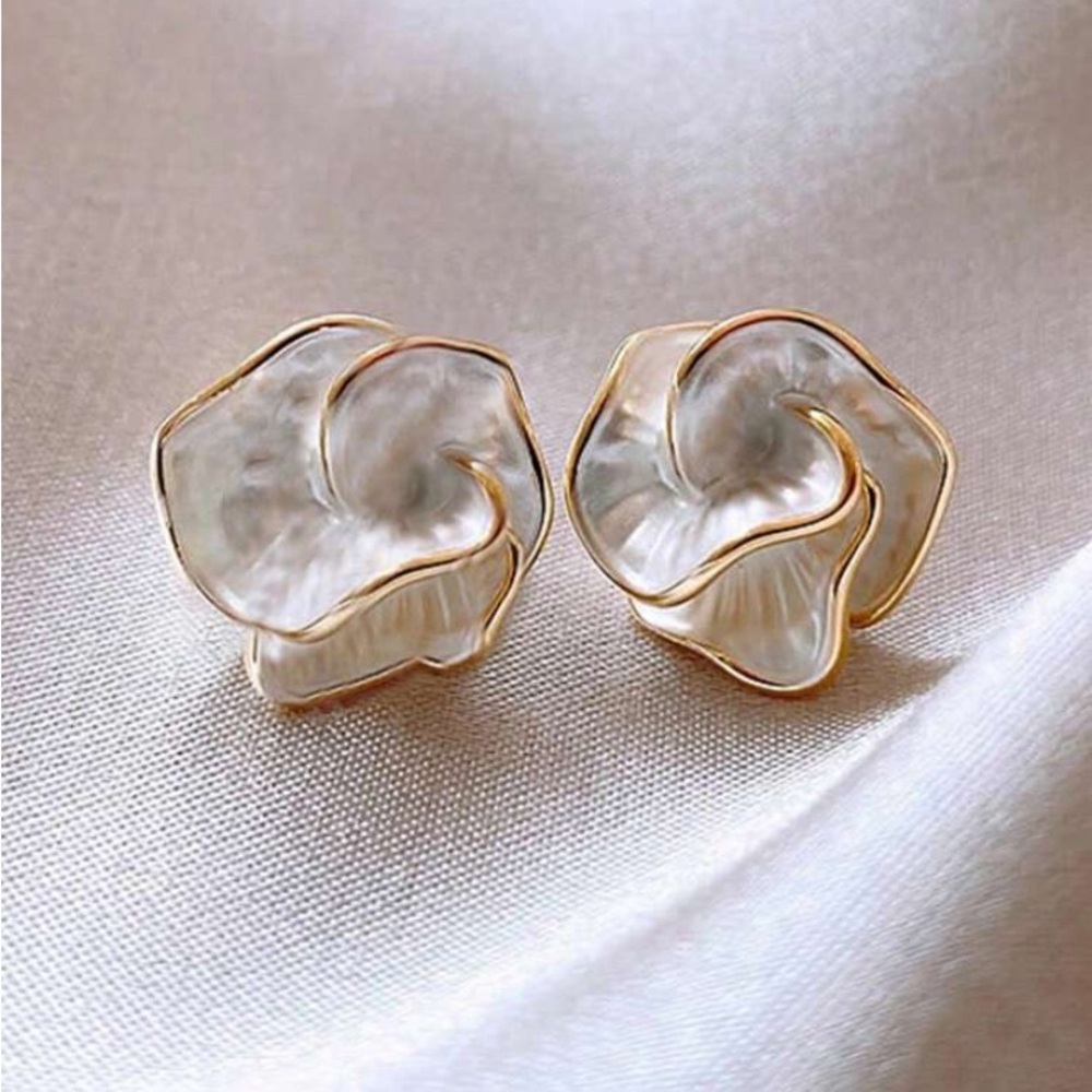 Gold and White Floral Earrings